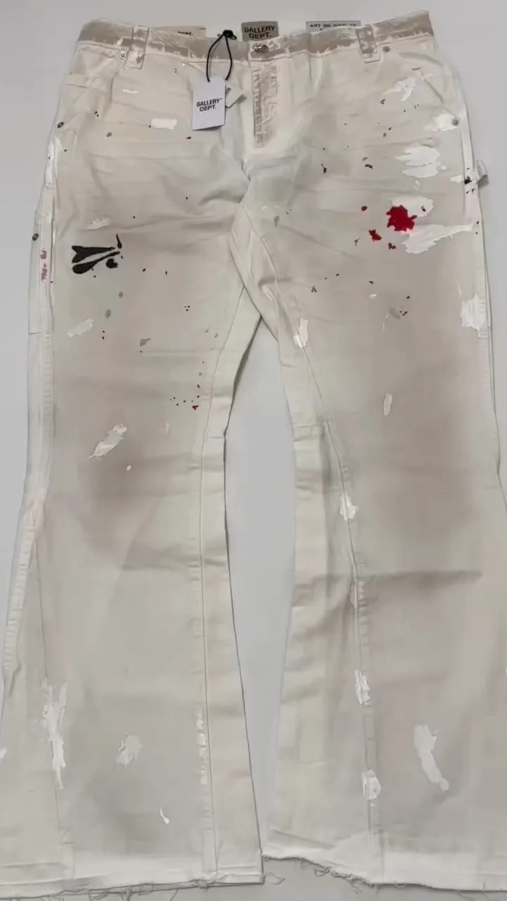 GALLERY DEPT. PAINTED CARPENTER FLARE graffiti logging pants, size 30/32/34/36, pure logging workwear style! Super heavy industry, mud dyeing and cleaning, worn out holes, all molded and customized, accessories are complete and correct! Artificial ink graffiti, tedious and heavy work